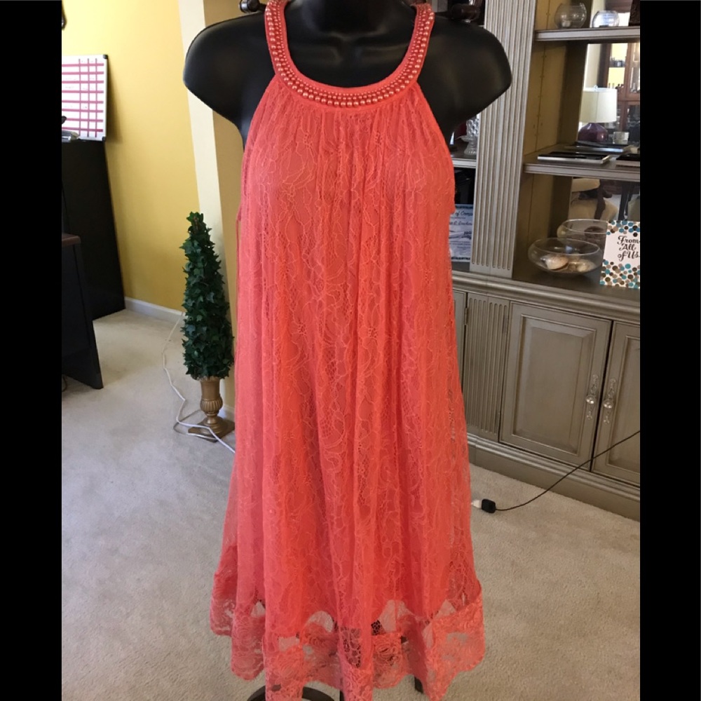 Peach lace dress by Adrianna Papell